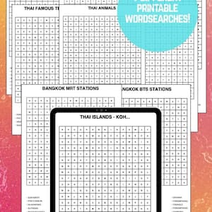 May include: Nine printable word search puzzles with Thai themes, including Thai dishes, towns, animals, and islands. The puzzles are displayed on white paper with a teal circle that says "9 DIFFERENT PRINTABLE WORDSEARCHES!"