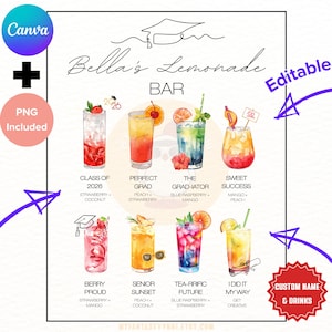 CUSTOME NAME Graduation Party Lemonade Bar Menu PNG, 6 Drink Sign Custom Class of 2026 grads Grad Drink Station Decor Personalized Printable