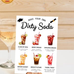 May include: A white card with the text "MAKE YOUR OWN Dirty Soda" and six colorful soda recipes. Each drink is in a glass with ingredients listed below. A glass of champagne is on the left. A small decorative item is at the bottom.