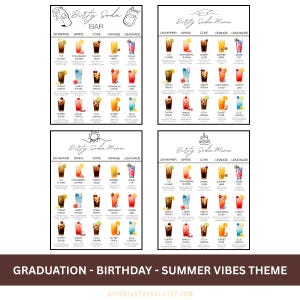 Puede incluir: Cuatro impresiones enmarcadas en blanco que muestran un bar y un men&uacute; de Dirty Soda. Cada impresi&oacute;n presenta una variedad de recetas de bebidas de soda coloridas. La parte inferior de la imagen dice "GRADUATION - BIRTHDAY - SUMMER VIBES THEME".