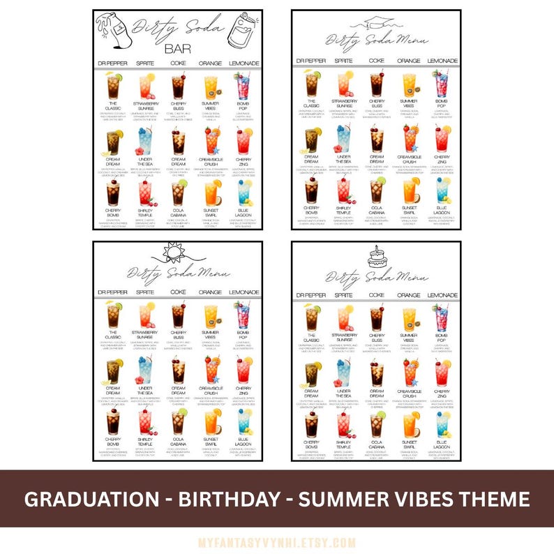 Puede incluir: Cuatro impresiones enmarcadas en blanco que muestran un bar y un men&uacute; de Dirty Soda. Cada impresi&oacute;n presenta una variedad de recetas de bebidas de soda coloridas. La parte inferior de la imagen dice "GRADUATION - BIRTHDAY - SUMMER VIBES THEME".