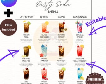 EDYTOWALNY Szablon menu Dirty Soda Bar Znak Dirty Soda Impreza ukończenia szkoły Przepisy na napoje gazowane Drukuj Bezalkoholowe napoje gazowane Pomysły na dekorację stołu dla absolwentów Niestandardowe