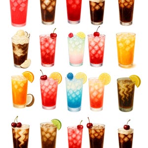 May include: A collection of colorful, refreshing beverages in tall glasses, each garnished with fruit. The drinks include red, brown, and orange hues, with ice cubes visible. Garnishes include cherries, lemon, lime, and raspberries.