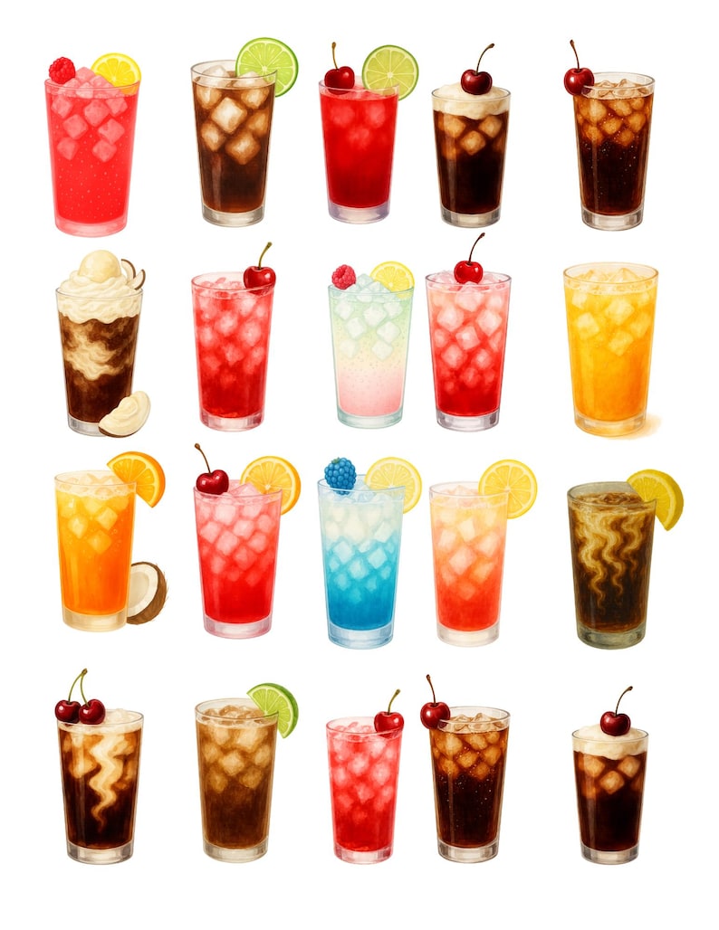 May include: A collection of colorful, refreshing beverages in tall glasses, each garnished with fruit. The drinks include red, brown, and orange hues, with ice cubes visible. Garnishes include cherries, lemon, lime, and raspberries.