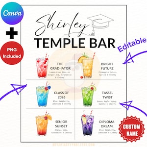 May include: A colorful digital print featuring a "Shirley Temple Bar" menu with six cocktail recipes. The menu includes drinks like "The Grad-iator" and "Bright Future", with a customizable area for a custom name. The design includes a graduation cap.