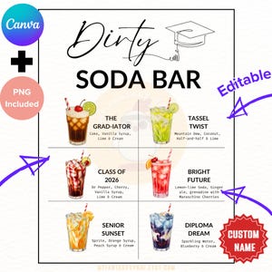 Peut inclure: Une enseigne de bar à soda sale avec six recettes de boissons gazeuses colorées. Chaque boisson est dans un verre avec des garnitures comme des cerises et du citron vert. Le signe comprend le texte "Dirty Soda Bar", "Editable" et "Custom Name".