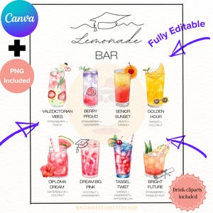 May include: A digital print featuring a "Lemonade Bar" with eight colorful drink illustrations. Each drink is labeled with a name and ingredients, including strawberry, mango, and coconut. The design includes the text "Fully Editable" and "PNG Included".