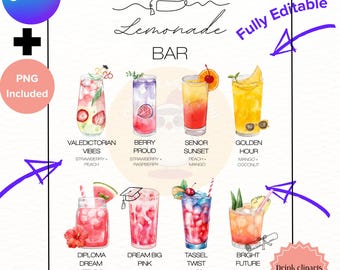 SPERSONALIZOWANE I DRUKUJĄCE Menu Lemonade Bar na Przyjęcie Ukończenia Szkoły PNG, 6 Znaków Napojów Niestandardowy Absolwenci Klasy 2026 Dekoracja Stacji Napojów Ukończenia Szkoły Spersonalizowane
