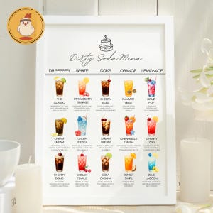 Puede incluir: Un p&oacute;ster enmarcado del men&uacute; Dirty Soda con borde blanco. El men&uacute; presenta varias mezclas de refrescos con nombres como "The Classic", "Strawberry Sunrise" y "Cherry Bliss". El p&oacute;ster incluye un logotipo de pollo de dibujos animados.