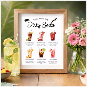 May include: A framed print with the text "MAKE YOUR OWN Dirty Soda" and illustrations of six different soda recipes. A glass jar of soda with lemon slices and a bouquet of flowers are next to the frame.