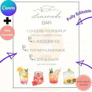 May include: A white background with a black border features a "Lemonade Bar" graphic with instructions: Choose syrup, add ice, top with lemonade, and stir. Includes drink cliparts and Canva and PNG included text.