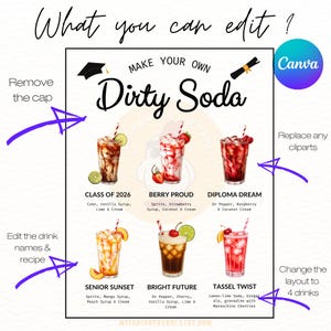 May include: A graphic featuring six different "Dirty Soda" drink recipes with names like "Class of 2026" and "Berry Proud." The image includes instructions on how to edit the drink names, recipes, and layout using Canva.