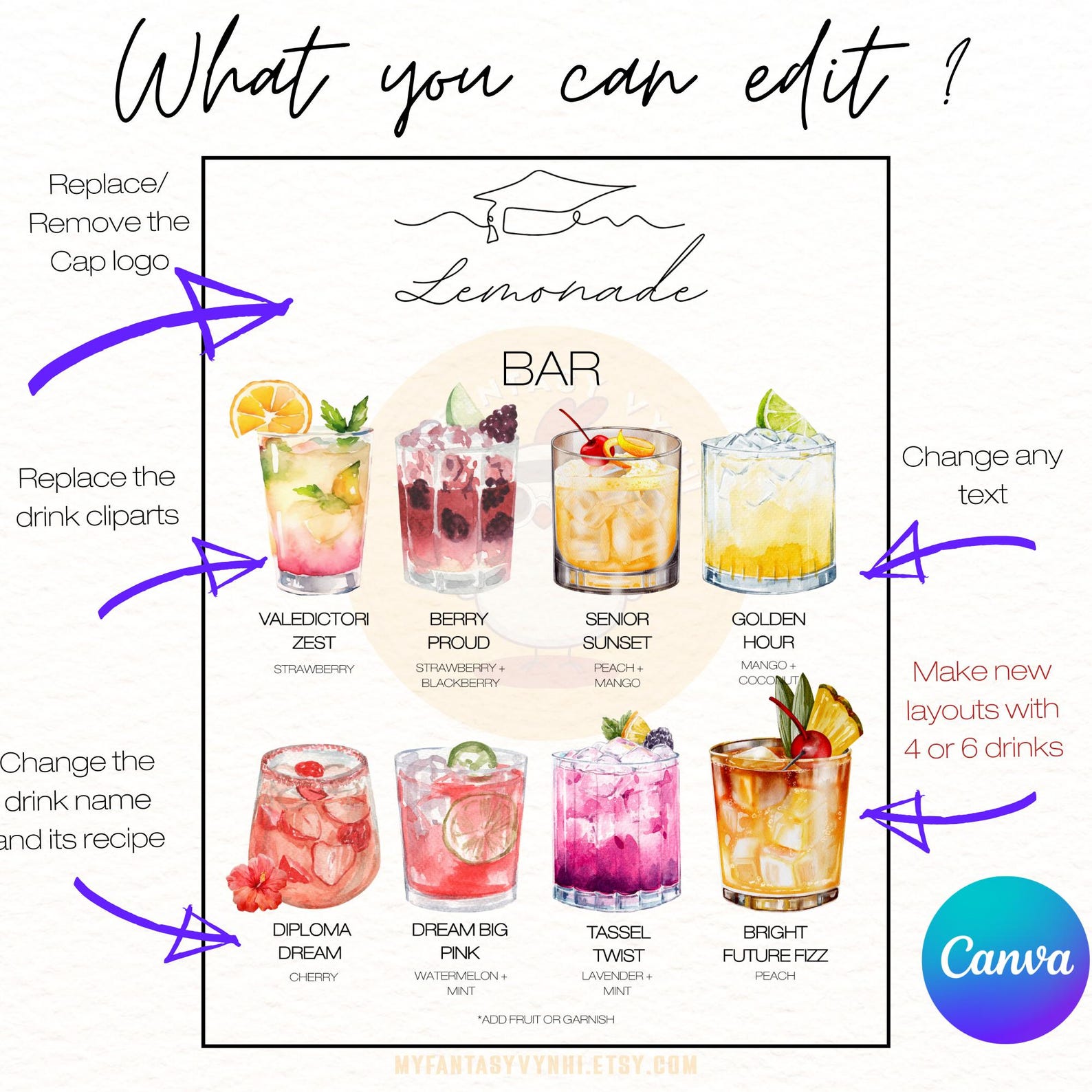 CUSTOM Graduation Party Lemonade Bar Menu Canva Template 6 Dirty Soda ...