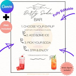May include: A white printable sign with the text "Dirty Soda Bar" and instructions for making a soda. Includes drink clip art and the text "Fully Editable". The sign also includes the text "Canva" and "PNG Included".