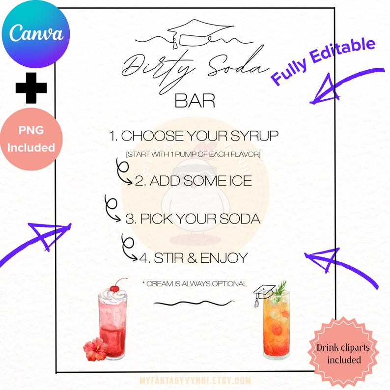 May include: A white printable sign with the text "Dirty Soda Bar" and instructions for making a soda. Includes drink clip art and the text "Fully Editable". The sign also includes the text "Canva" and "PNG Included".