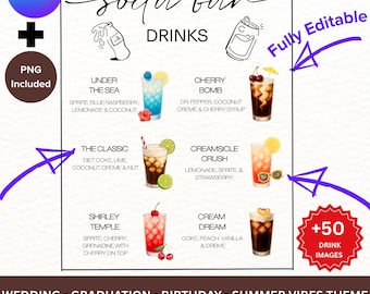 Plantilla de letrero de menú de refresco sucio editable personalizado, idea para estación de bebidas de limonada, fiesta de graduación, cumpleaños de verano, baby shower, despedida de soltera, boda