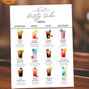 May include: A menu for "Dirty Soda" drinks, featuring various colorful soda concoctions in glasses with garnishes. The menu includes drinks like "Honor Roll," "Class Dismissed," and "Future Bright." The Etsy shop name and logo are visible.