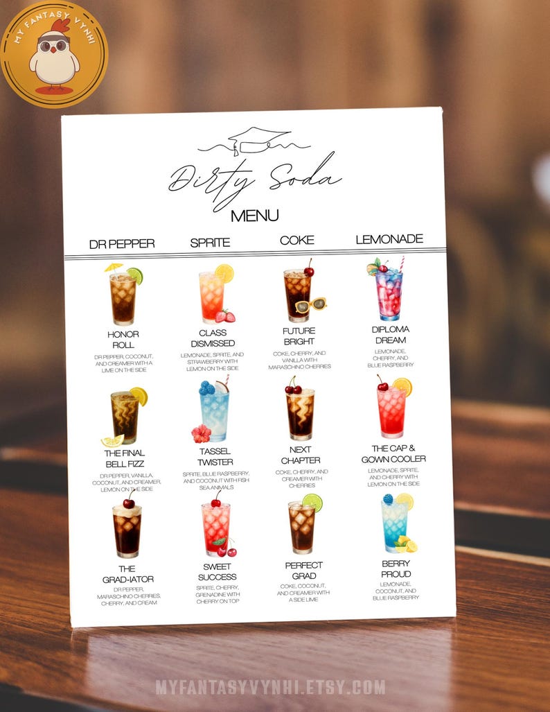 May include: A menu for "Dirty Soda" drinks, featuring various colorful soda concoctions in glasses with garnishes. The menu includes drinks like "Honor Roll," "Class Dismissed," and "Future Bright." The Etsy shop name and logo are visible.