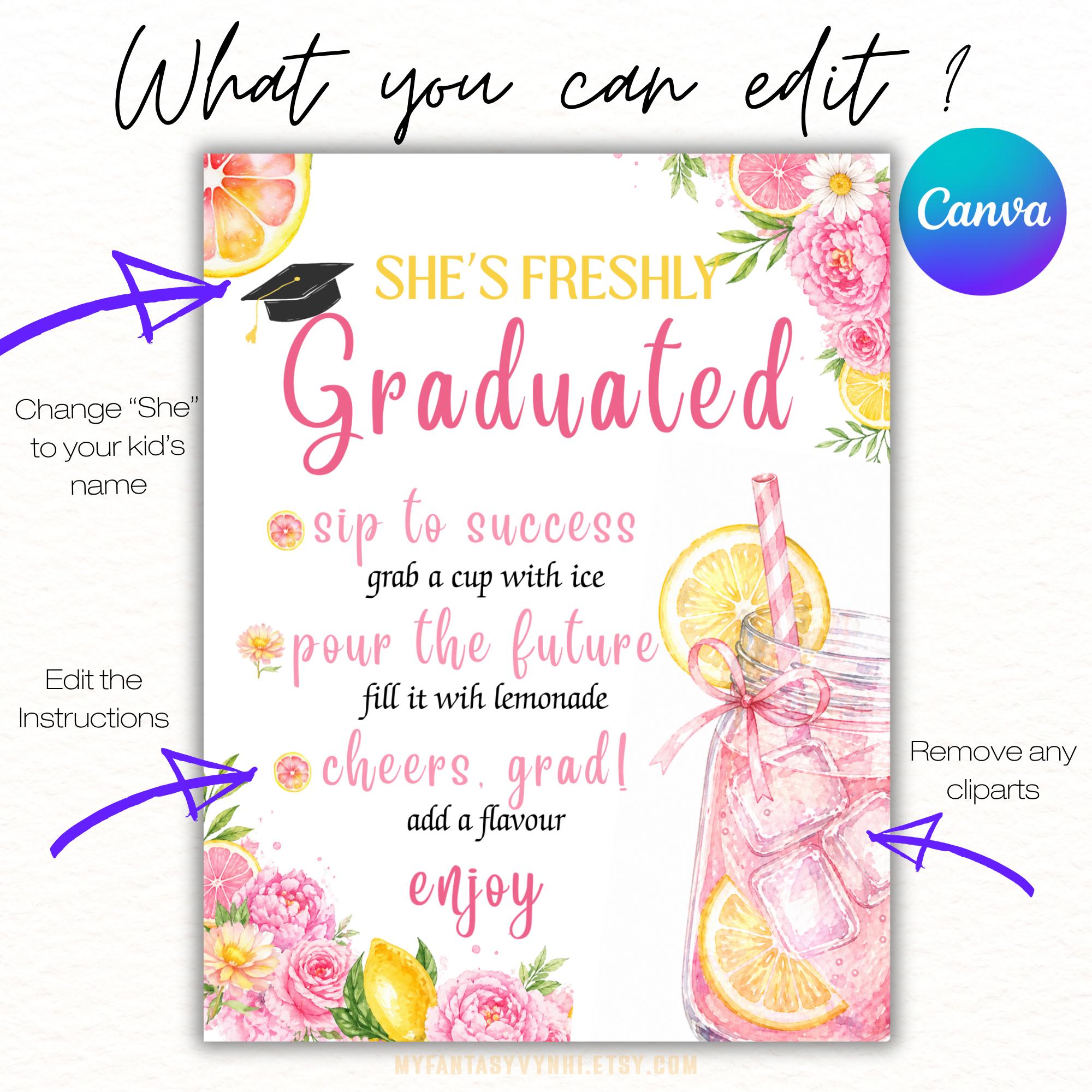 EDITABLE Graduation Lemonade Bar Menu Sign Freshly Graduated Grad Party ...