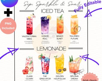 CUSTOMIZE PRINTABLE Graduation Party Iced Tea & Lemonade Bar Sign Canva Template Signature 6 Drinks Menu Non Alcoholic Grad Baby Bridal PNG