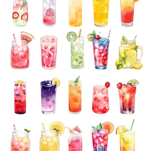 May include: Watercolor illustration of various refreshing summer drinks. The image features a collection of colorful cocktails and beverages in tall glasses and mason jars, garnished with fruit slices, berries, and herbs. Straws and ice cubes are visible.