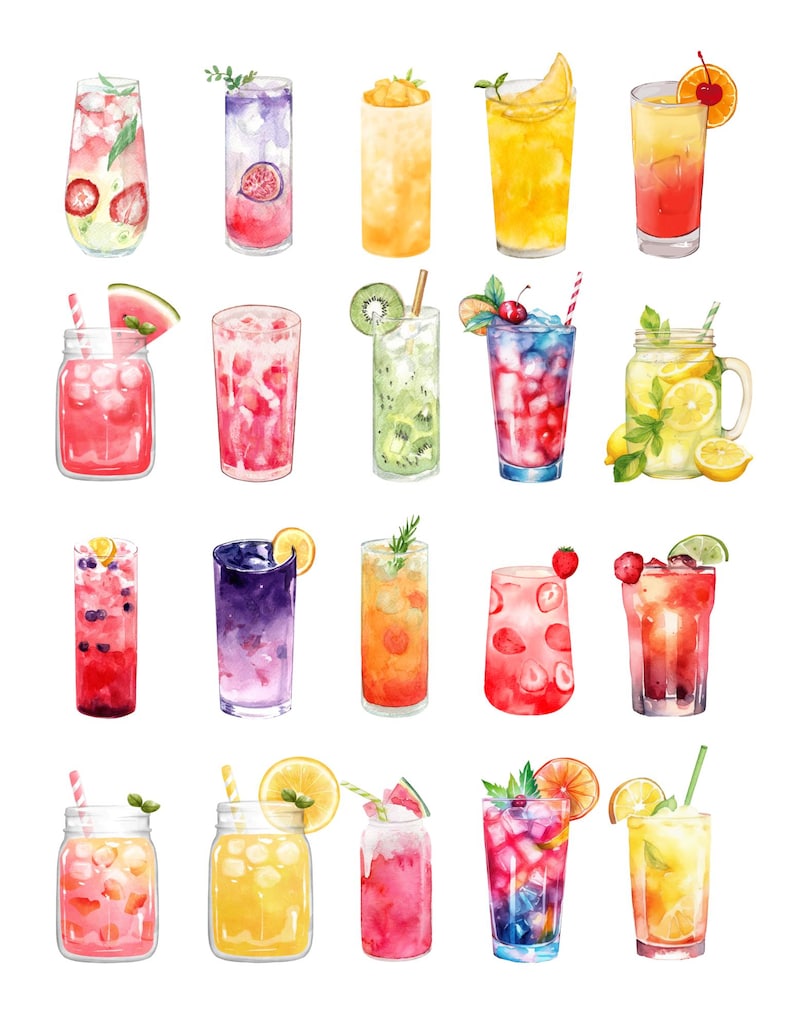 May include: Watercolor illustration of various refreshing summer drinks. The image features a collection of colorful cocktails and beverages in tall glasses and mason jars, garnished with fruit slices, berries, and herbs. Straws and ice cubes are visible.