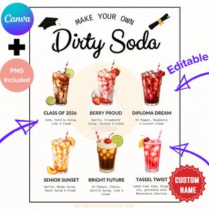 May include: A digital print showcasing six cocktail recipes, such as "Class of 2026" and "Berry Proud." The image features the text "Make Your Own Dirty Soda" and "Custom Name." The design is editable and includes a Canva logo.