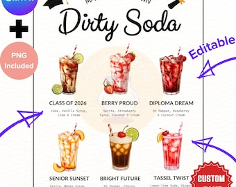 May include: A digital print featuring six colorful cocktail recipes, including "Class of 2026" and "Berry Proud." The image includes text that says "Make Your Own Dirty Soda" and "Custom Name." The design is editable and includes a Canva logo.