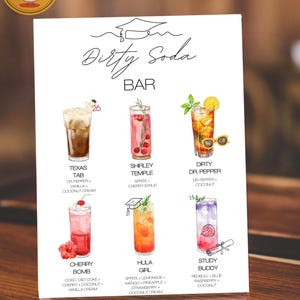May include: A white sign with the words "Dirty Soda Bar" and illustrations of six colorful soda drinks. Each drink is labeled with a name and ingredients, including "Texas Tab," "Shirley Temple," and "Cherry Bomb." The sign also features a logo and Etsy shop URL.