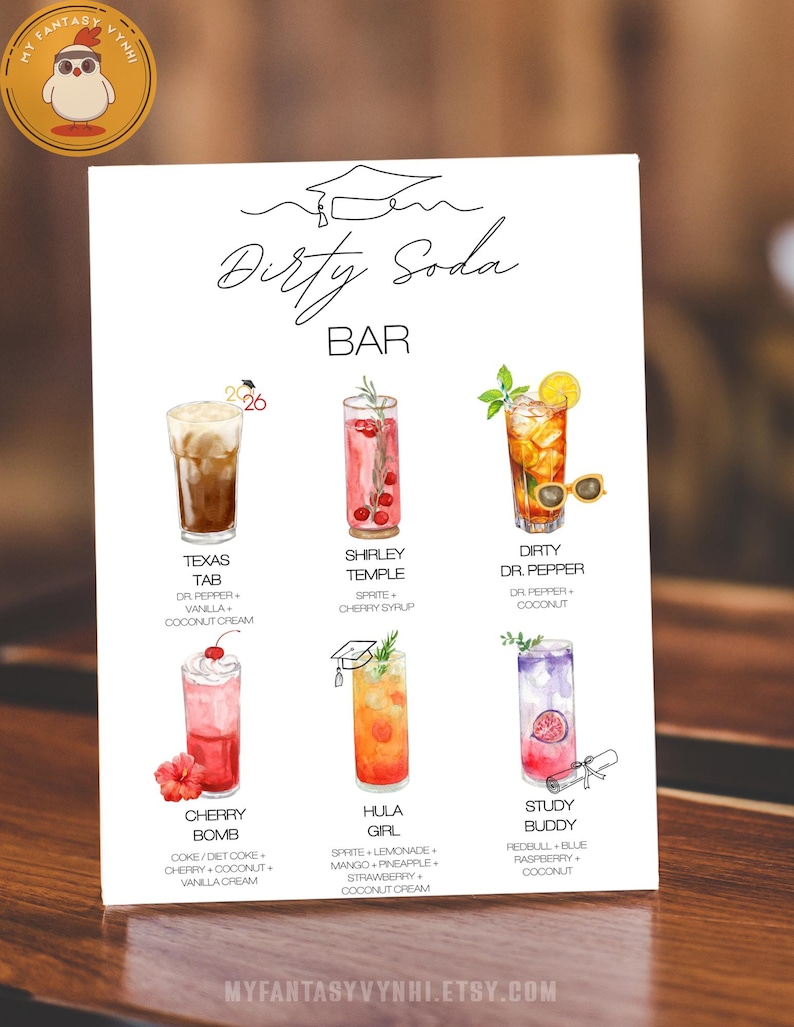 May include: A white sign with the words "Dirty Soda Bar" and illustrations of six colorful soda drinks. Each drink is labeled with a name and ingredients, including "Texas Tab," "Shirley Temple," and "Cherry Bomb." The sign also features a logo and Etsy shop URL.