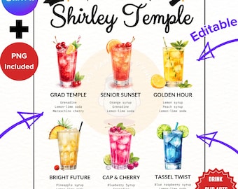 EDYTOWALNY Znak ukończenia szkoły Shirley Temple Znak menu baru bezalkoholowego Stacja napojów firmowych dla NIEJ Znak dekoracji stołu na przyjęcie ukończenia szkoły Znak dla seniora