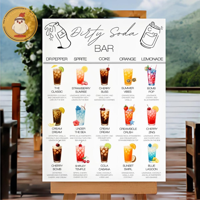 Puede incluir: Un letrero blanco con las palabras "Dirty Soda Bar" e ilustraciones de botellas y latas de refrescos. El letrero muestra un men&uacute; de bebidas a base de refrescos, que incluyen "The Classic", "Strawberry Sunrise" y "Cherry Bliss".