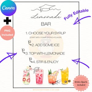 PERSONALIZED PRINTABLE Graduation Party Lemonade Bar Sign Canva Template Grad Party Drink Station Table Decor 2026 DIY Menu Instructions png