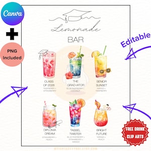 May include: A digital illustration of a lemonade bar menu with six colorful drink options. Each drink is labeled with a name and ingredients, such as "Class of 2026" and "Senior Sunset." The design includes the word "Editable" and "Free Drink Clip Arts."