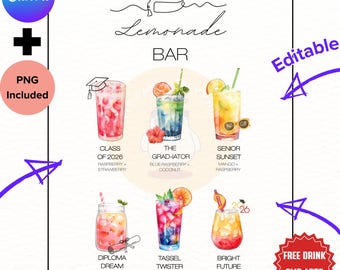 CUSTOMIZED PRINTABLE Graduation Party Lemonade Bar Menu PNG, 6 Drink Sign Custom Class of 2025 Grad Drink Station Decor Bridal Shower Party