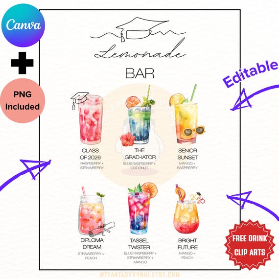 CUSTOMIZED PRINTABLE Graduation Party Lemonade Bar Menu PNG, 6 Drink Sign Custom Class of 2025 Grad Drink Station Decor Bridal Shower Party