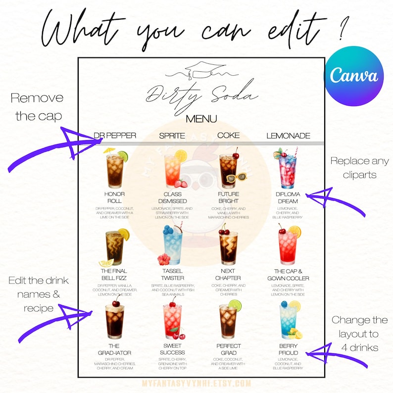 May include: A menu graphic titled "Dirty Soda" with various colorful drink illustrations. The menu includes options like "Honor Roll," "Class Dismissed," and "Future Bright." The Canva logo is visible in the upper right corner.