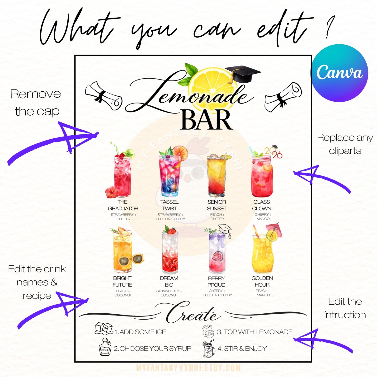CUSTOMIZED & PRINTABLE Graduation Party Lemonade Bar Menu PNG 6 Drink ...