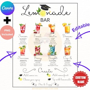May include: A colorful lemonade bar menu with various drink options, including "Senior Sunset" and "Final Bell." The design features illustrations of drinks, text, and the word "Editable."