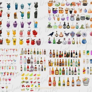 May include: Watercolor illustrations of various cocktails, alcoholic beverages, and Halloween-themed items. The image includes a variety of colorful drinks in different glasses, bottles of liquor, beer cans, and spooky decorations like pumpkins and bats.