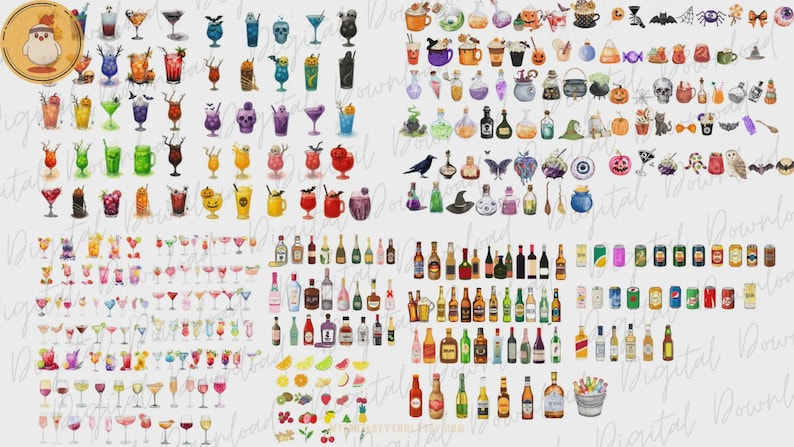 May include: Watercolor illustrations of various cocktails, alcoholic beverages, and Halloween-themed items. The image includes a variety of colorful drinks in different glasses, bottles of liquor, beer cans, and spooky decorations like pumpkins and bats.