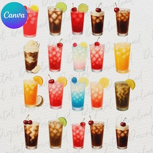 May include: Watercolor illustration of various refreshing beverages in tall glasses. Drinks include red, brown, orange, and blue cocktails, garnished with cherries, lemons, limes, and berries. Some drinks have whipped cream.