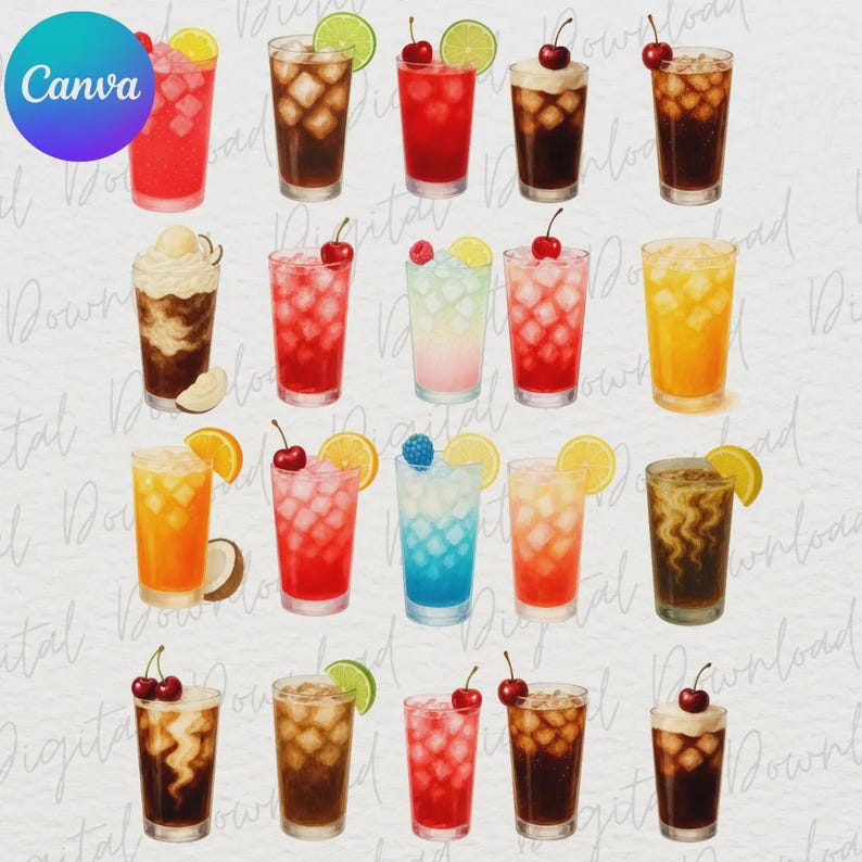 May include: Watercolor illustration of various refreshing beverages in tall glasses. Drinks include red, brown, orange, and blue cocktails, garnished with cherries, lemons, limes, and berries. Some drinks have whipped cream.