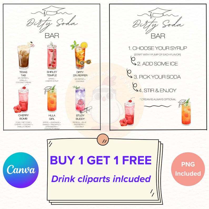 May include: Digital illustration of a "Dirty Soda Bar" menu with various colorful drink recipes. The menu includes drink names like "Texas Tab" and "Shirley Temple", with a "Buy 1 Get 1 Free" offer and "Drink cliparts included" text.