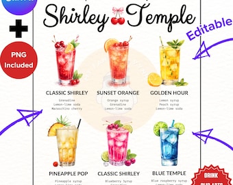 Plantilla de letrero personalizado de Shirley Temple, menú de bar sin alcohol, estación de bebidas exclusivas, idea editable para fiestas, cumpleaños, baby shower, despedidas de soltera