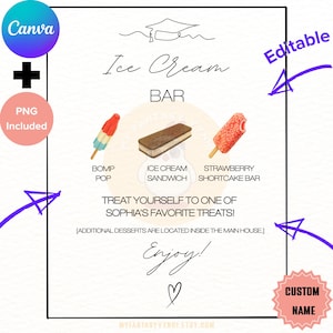 May include: A printable ice cream bar sign with the text "Ice Cream Bar" and illustrations of ice cream treats. Includes the text "Treat yourself to one of Sophia's favorite treats!" and "Enjoy!" with a heart symbol. The sign is customizable.
