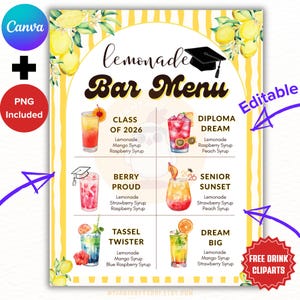 Może przedstawiać: Projekt menu baru z lemoniadą z żółto-białym paskowanym tłem. Menu zawiera sześć kolorowych ilustracji napojów z nazwami takimi jak "Class of 2026" i "Senior Sunset". Projekt zawiera tekst "Editable" i "Free Drink Cliparts".