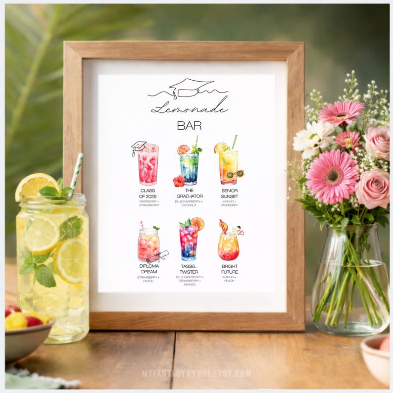 SPERSONALIZOWANE DO DRUKU Menu Lemonade Bar na Przyjęcie Ukończenia Szkoły PNG, 6 Znaków Napojów Niestandardowy Dekoracja Stacji Napojów Absolwentów Klasy 2025, Przyjęcie Panieńskie zdjęcie 3