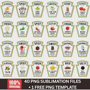 Puede incluir: Una colección de veinticuatro etiquetas para botellas de condimentos dispuestas en cuatro filas. Cada etiqueta presenta un nombre de sabor único, una ilustración de comida correspondiente y texto como Honey Mustard, Slap Ya Mama, Guac Guru, Yum Yum Sauce y Tomato Ketchup.