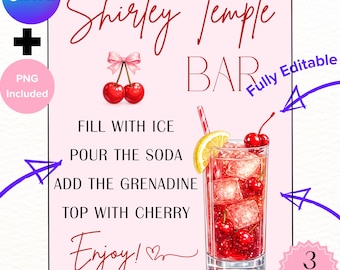 Plantilla imprimible para letrero de bar Shirley Temple, letrero decorativo con bebida de cereza, letrero para graduación, baby shower, fiesta de cumpleaños, fiesta de graduación, despedida de soltera